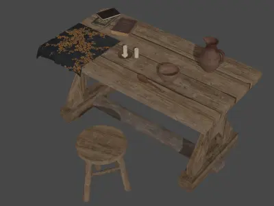 Medieval Wood Table with environment - Game ready 3D model Low-poly 3D model