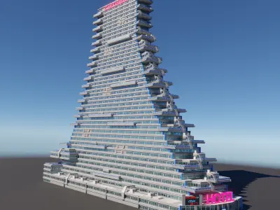 Huge skyscraper hotel with balcony and trapezoid shape Low-poly 3D model
