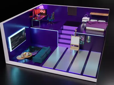 Isometric Neon Gaming Room 3d Model Low-poly 3D model