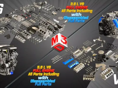 V8 and V6 Full Internal Parts with Disassembled Full Parts 3D Model Collection