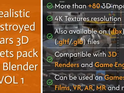 Realistic Destroyed Cars 3D Assets Pack For Blender Vol 1 Low-poly 3D model