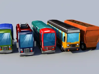 Bus Pack Low Poly Toon Style Bus Pack 3D Model Collection Low-poly 3D model