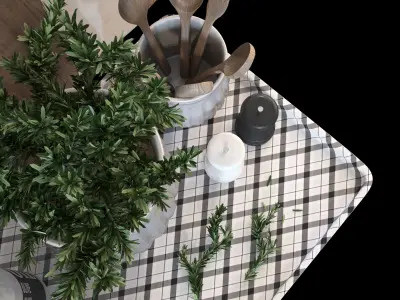 Kitchen decoration set with rosemary and cutting boards 3D model