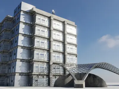 Dirty glass and concrete building with interior  Low-poly 3D model
