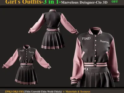 3 in 1 Girl Outfits- MD-Clo3d -OBJ - FBX -Materials-Textures 3D model