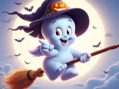 Cute Ghost Witch Flying Broom Pumpkin Hat Halloween Low-poly 3D model