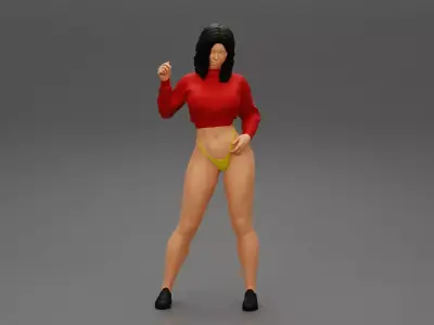 young woman wearing long sleeve crop shirt and mini short 3D print model