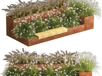 Flowerbed With Bushes In Rusty Flowerpots 1137 3D model