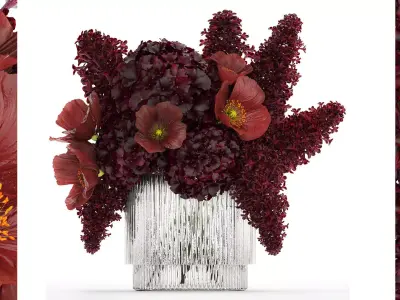 Bouquet of burgundy flowers in a vase lilac poppy hydrangea 3D model
