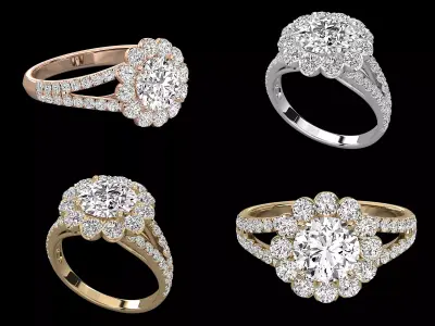 Luxury Halo Diamond Engagement Ring CAD Design with Split Shank 3D print model