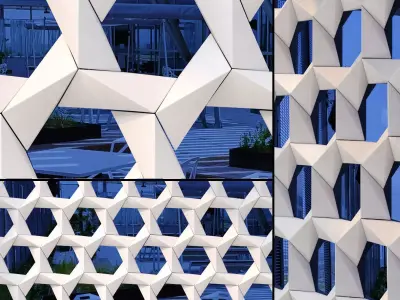 GRC Stars facade panels on a reflective blue glass 3D model