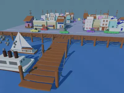 Neighborhood city with boats on dock 3D model