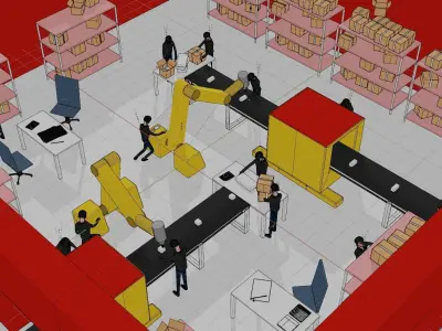 Manufacturing Unit with crowd  Low-poly 3D model