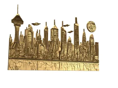   Futuristic Cityscape Printable Relief wall panel decor set 04 3D print model