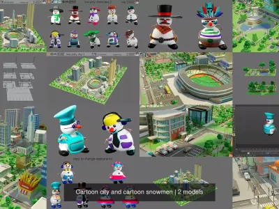 Cartoon city and cartoon snowmen 3D Model Pack