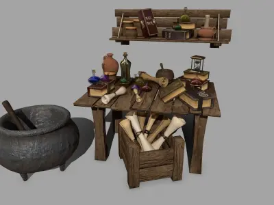 Alchemy Set pot with wooden spoon Low-poly 3D model