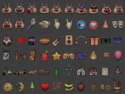 Cartoon Icons Pack - Smiley Sport Music Business IT Game Food AD Low-poly 3D model