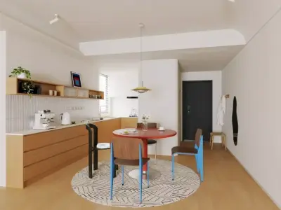 Colorful Modern Kitchen Dining Set with Red Round Table 3D model