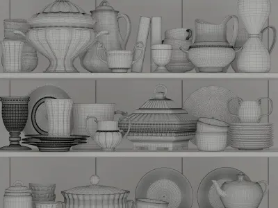 Dishes 3 china and silverware on shelf 3D model