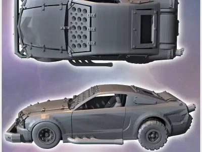Post-apocalyptic Mustang car with improvised armor and front bum 3D print model