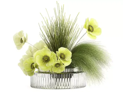 Bouquet Of Green Flowers Poppy And Grass In Glass 603 3D model