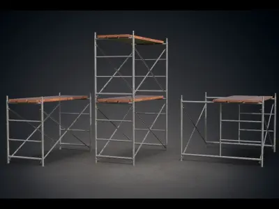 Scaffoldings set of scaffolding with three wooden benches 3D model