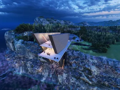 Revit Modern Mountain Cliff house on beach Lumion Revit 3D model