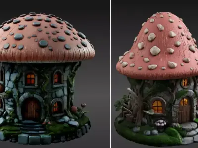 Mushroom Two 3D Model Pack Whimsical Fantasy House Print-Ready 3D model