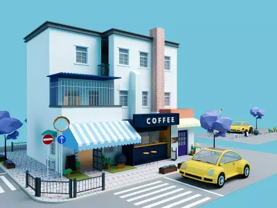 low poly coffee shop Low-poly 3D model