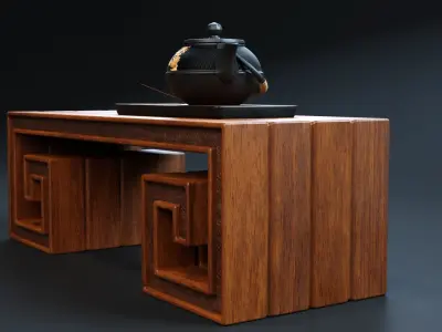 Carved Wood Coffee Table an Decoration 3D model