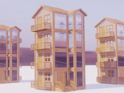 BUILDINGS three in row Low-poly 3D model