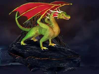 Dragon floating on a volcanic rock Low-poly 3D model