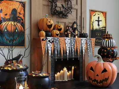 Halloween Fireplace Decor Scene Pumpkins Spooky Elements 3D model