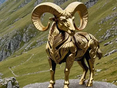 Golden Ram Sculpture Ornate Patterns Mythical Mountain Animal Low-poly 3D model