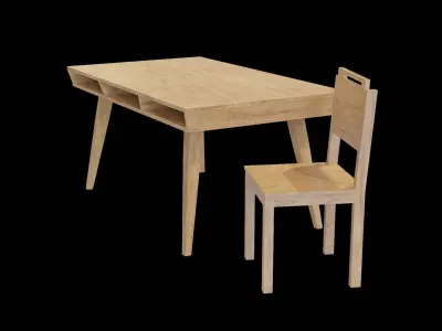 Dining Set 1 wooden desk and chair Low-poly 3D model