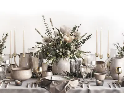 Tableware Set 2 table with silverware and flowers 3D model