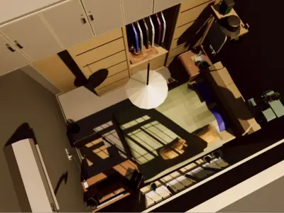 Low poly Bedroom room with closet and clothes Low-poly 3D model