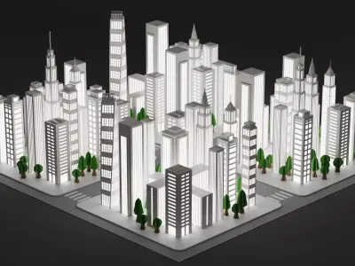 Paper City Block with Streets - Night Town Low-poly 3D model