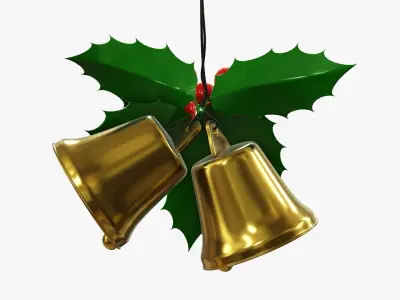 Christmas golden bells with holly berries 3D model