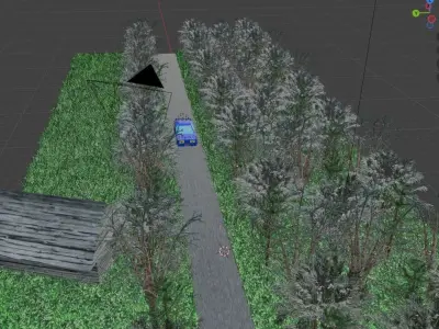 Scene with low poly car forest and small house Low-poly 3D model