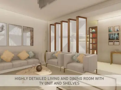 Highly detailed Living and dining room with tv unit and shelves 3D model