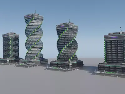 Skyscraper cascade with balconies and interior in 3 variant Low-poly 3D model