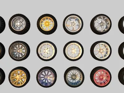 Pack of 100 unique rims tires for cars Low-poly 3D model
