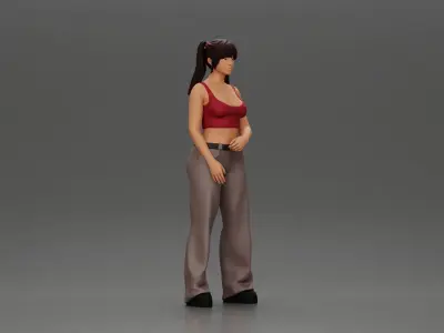 Chola girl with pigtails standing in flared pants 3D print model