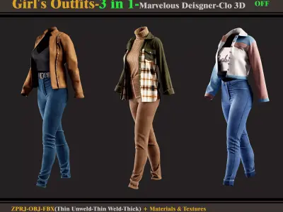 3 in 1 Girls Outfits- MD-Clo3d -OBJ - FBX -Materials-Textures 3D model