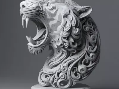 Roaring Tiger Head Sculpture Wooden Carving Swirling Patterns Low-poly 3D model