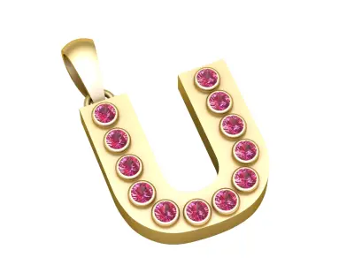 U Initial Gold Pendant   Ruby Stone 3D PRINTABLE MODEL  3D print model