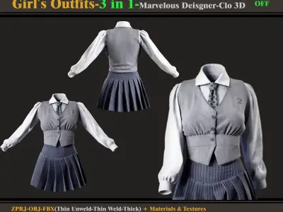 3 in 1 Girls Outfits- MD-Clo3d-OBJ - FBX -Materials-Textures 3D model