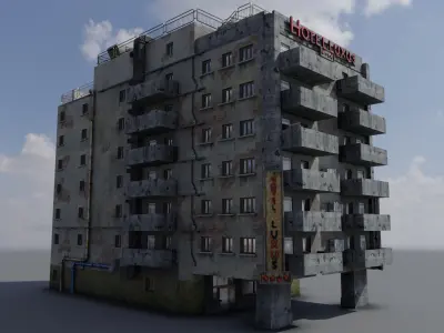 Old neglected hotel with interior furniture Low-poly 3D model