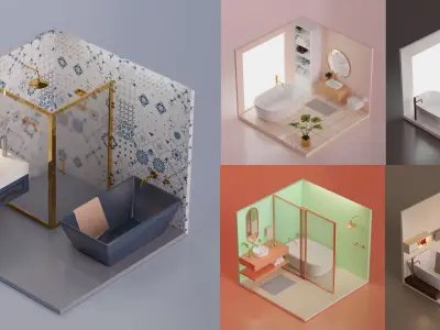 5 Lowpoly Bathroom with bathtub and sink Low-poly 3D model